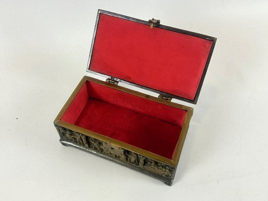 photo vintage Antique Gothic Revival Bronze Jewelry Box With Religious Scenes, 19th Century