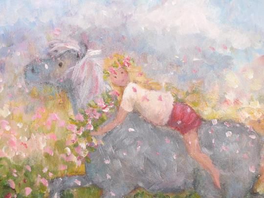 Girl Child And Pony Horse Flower Fantasy Landscape Original Painting Andi  Lucas photo for sale