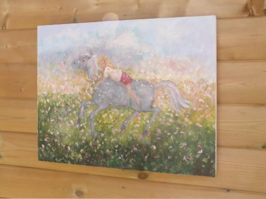 Girl Child And Pony Horse Flower Fantasy Landscape Original Painting Andi  Lucas photo vintage
