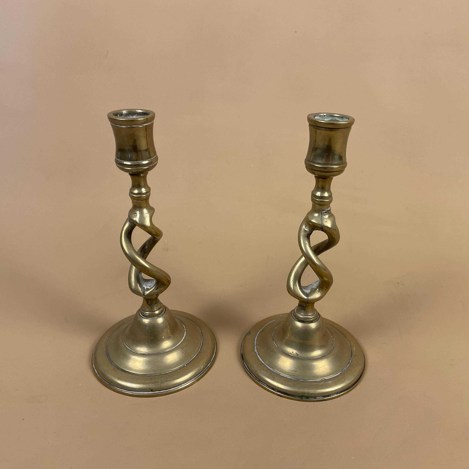 Antique Matching Pair Of Gold Brass Metal Candlestick Candle Stick Vintage Column Taper Dinner Candlesticks Twisted Twist Round Base