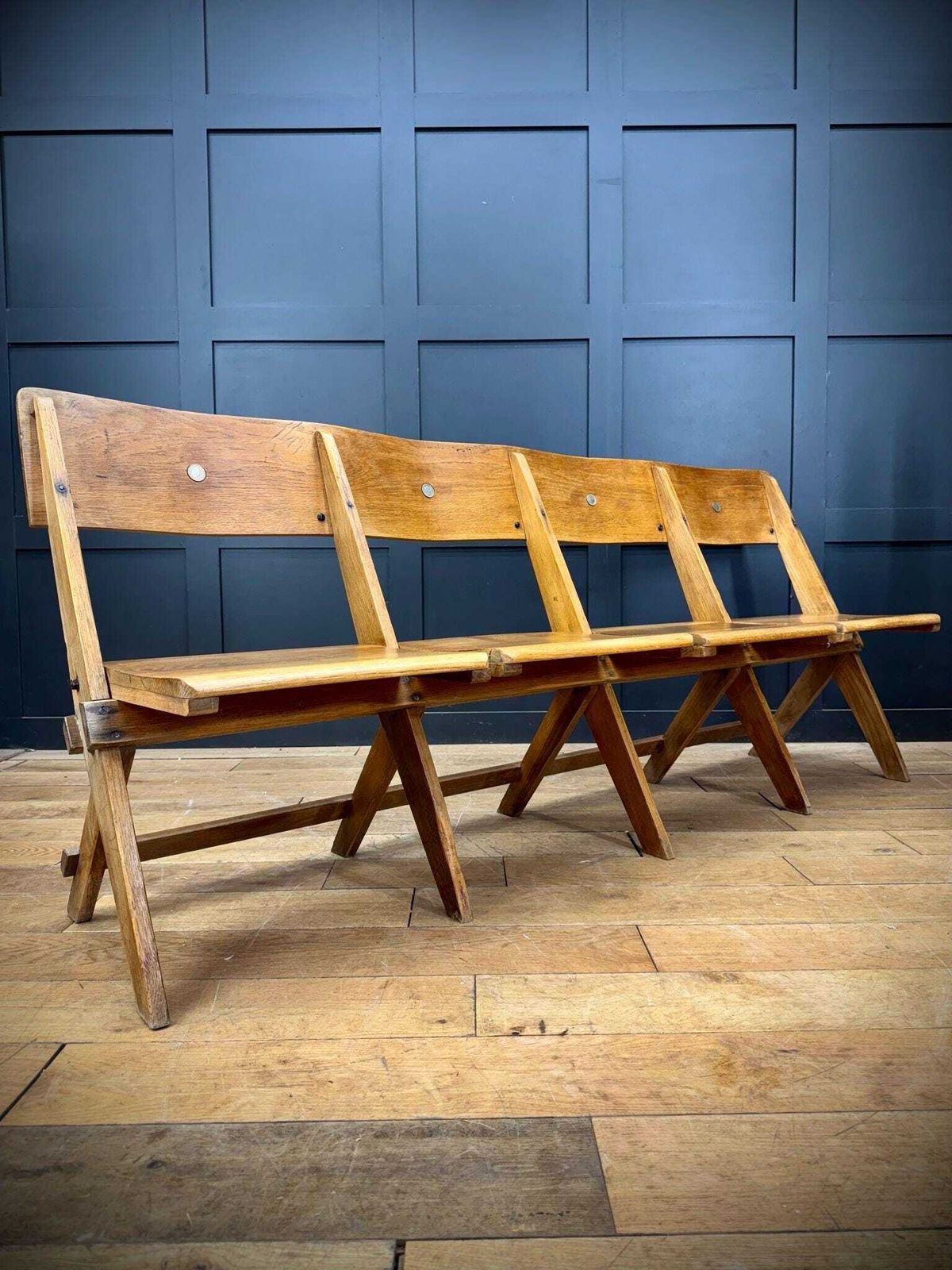 Salvaged Antique Oak Church Chairs Bench Seat / Hallway Folding Seating photo furniture