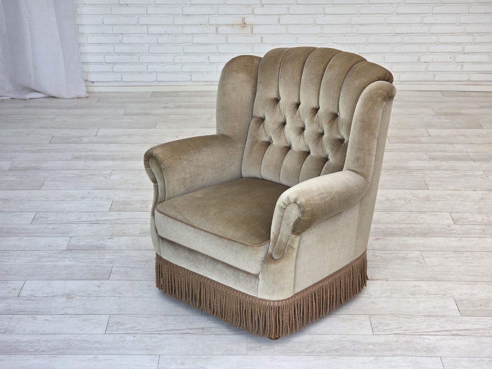 1970s, Danish Armchair, Original Condition, Furniture Velour, Beech Wood. photo Furniture