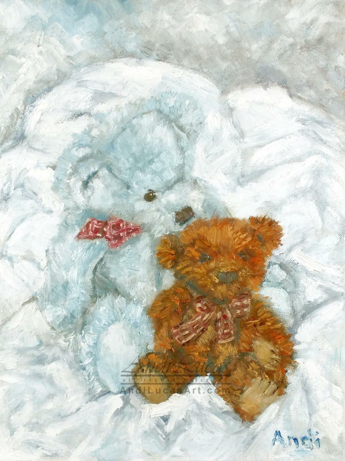 Original Framed Oil Painting Pale Blue & Brown Teddy Bears Teddies Andi J Lucas photo for sale
