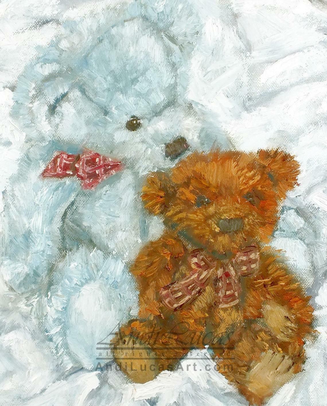 Original Framed Oil Painting Pale Blue & Brown Teddy Bears Teddies Andi J Lucas photo 324.0