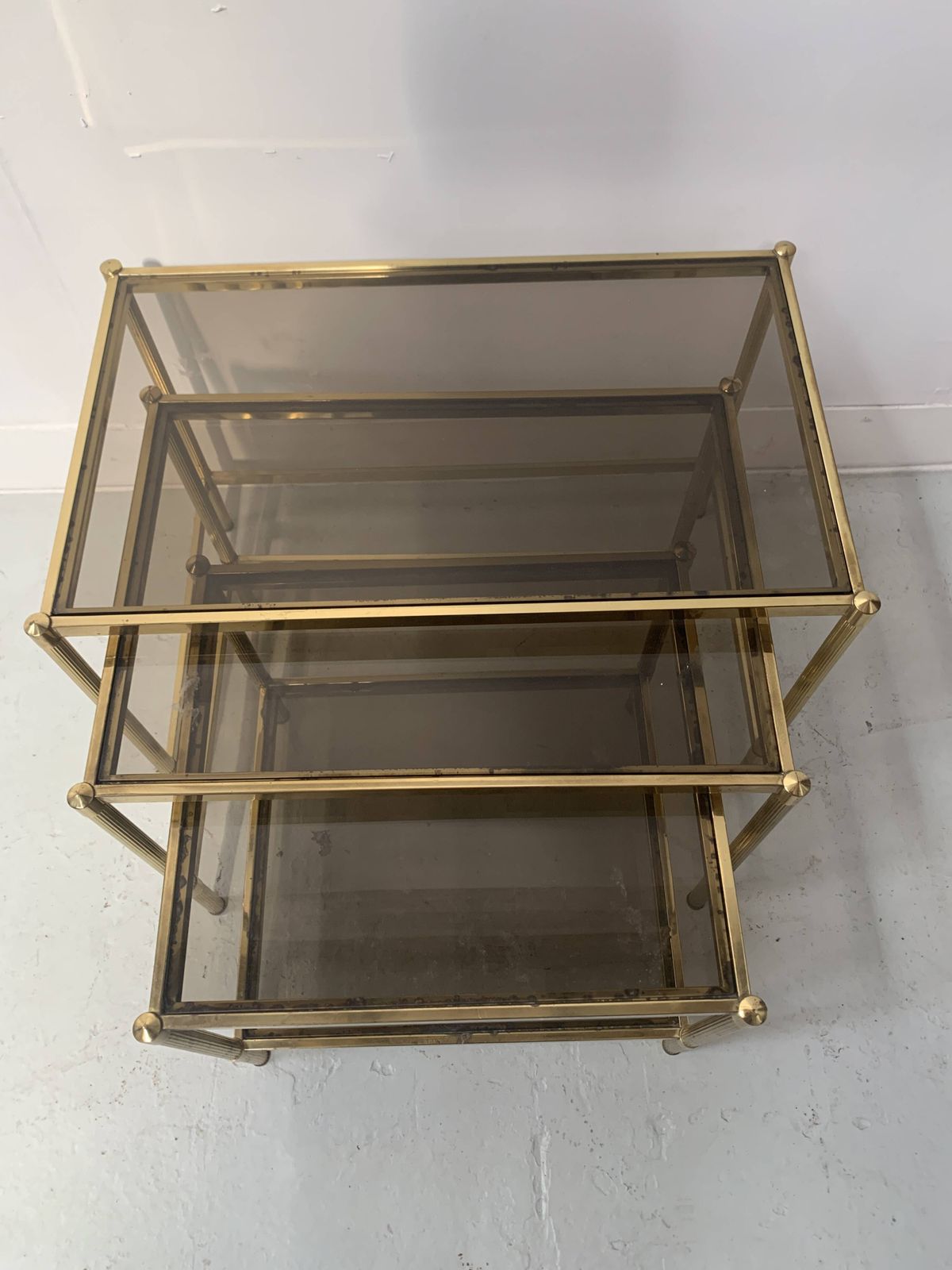 Set Of Three Nesting Tables In Brass And Smoked Glass, 20th Century photo for sale