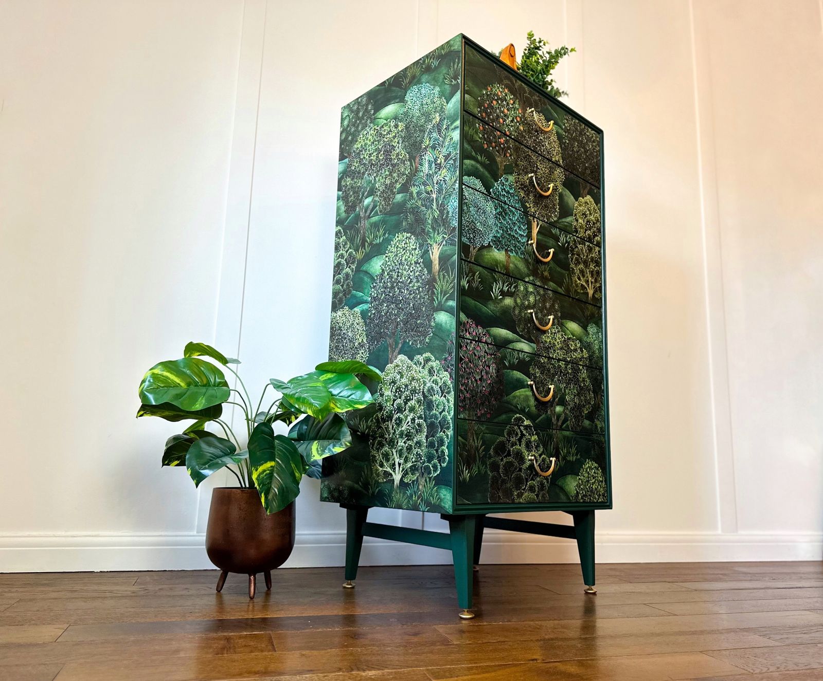 Made To Order Cole & Son Forest Vintage Mid Century Chest Of Drawers, Green Storage Tallboy