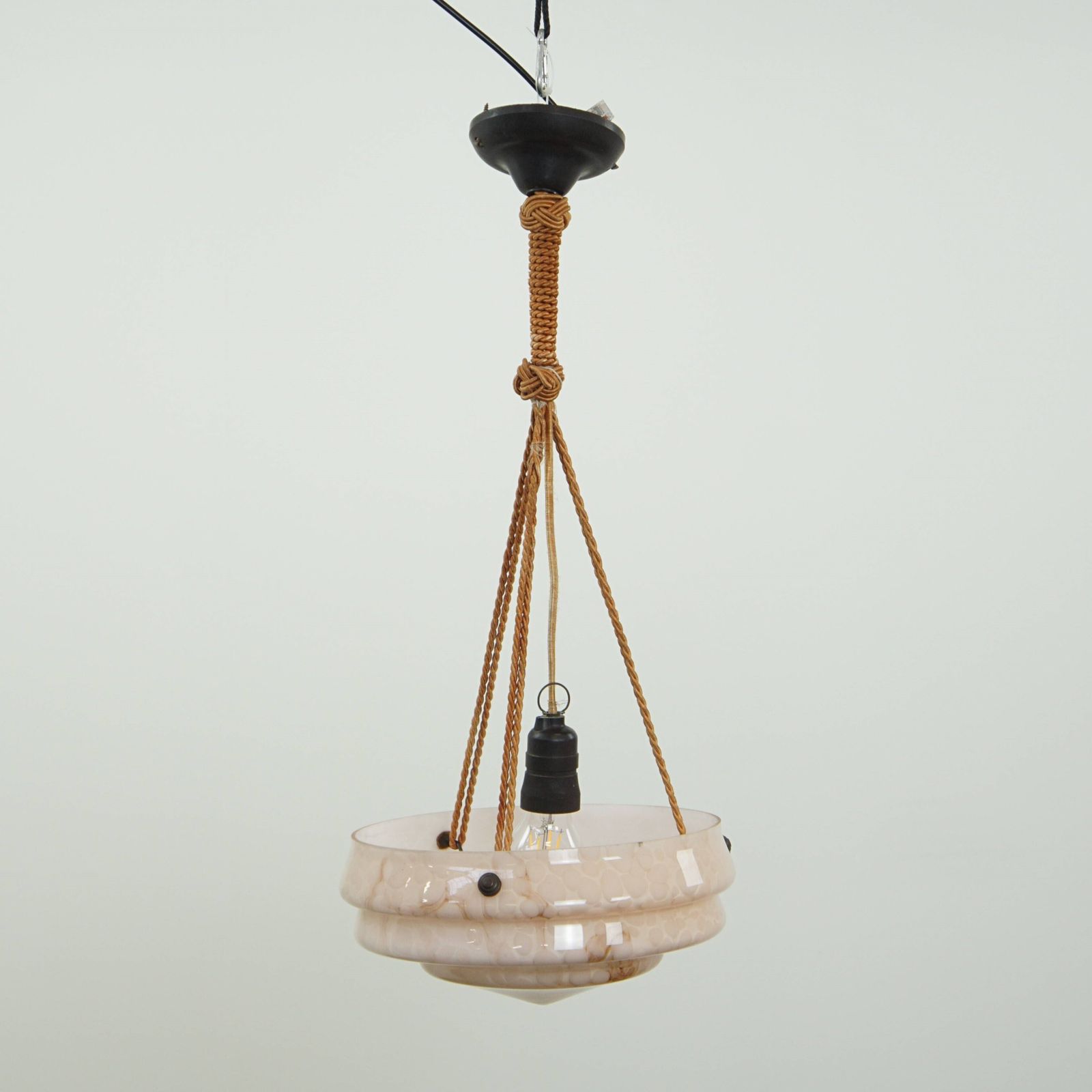 Vintage Zachtroze Gemarmerd Glazen Art Deco Hanglamp