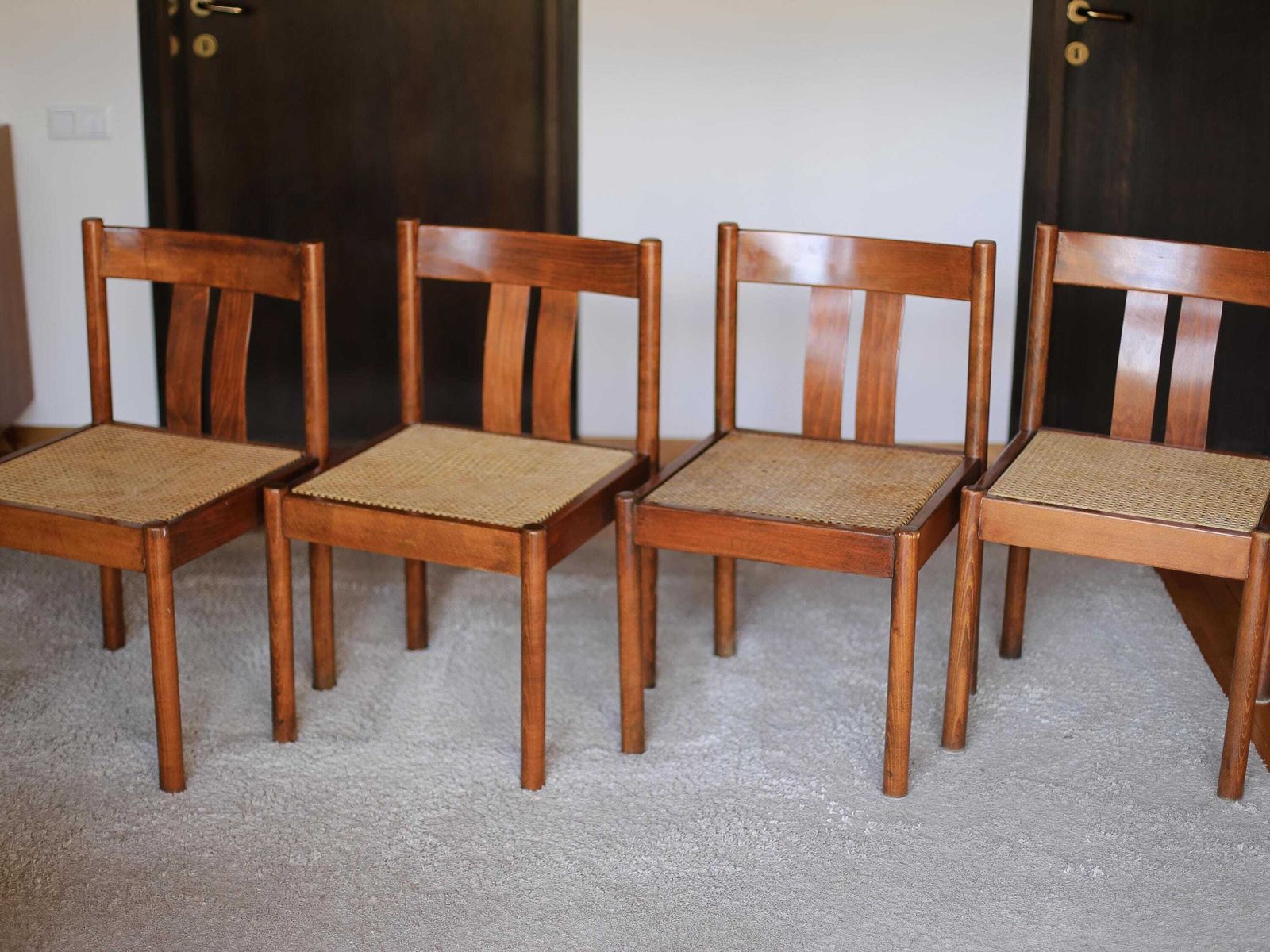 photo for sale Set Of 4 Vintage Stol Kamnik Rattan Chair / Vintage Scandinavian Design Dining Chair / Mcm Brown Wooden Accent Chair / Yugoslavia / 1970s