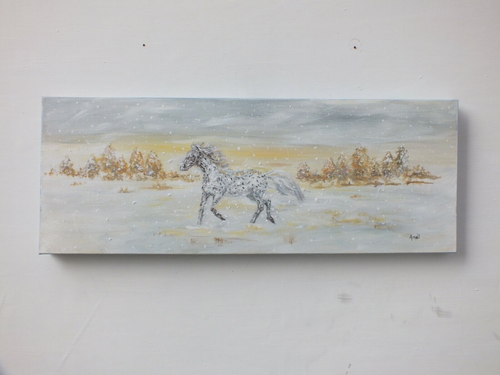 Original Painting Canvas Dappled Horse Winter Landscape Snow Scene Andi J Lucas photo vintage