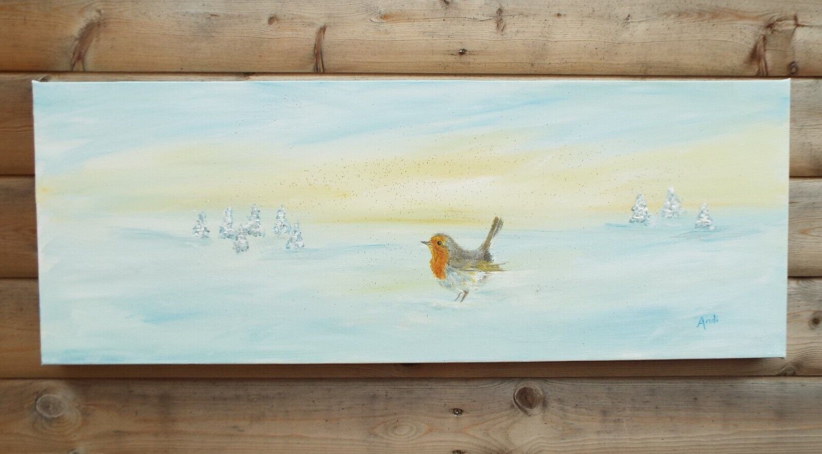 Original Signed Painting Robin Winter Landscape Snow Scene 30x80cm Andi J Lucas