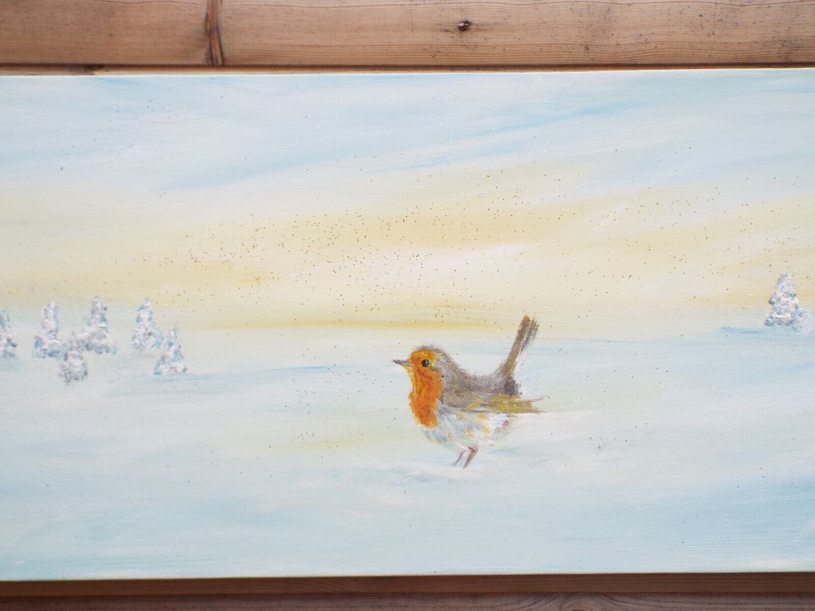 Original Signed Painting Robin Winter Landscape Snow Scene 30x80cm Andi J Lucas photo furniture