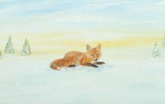Original Signed Painting Fox Winter Landscape Snow Scene 30x80cm Andi J Lucas photo furniture