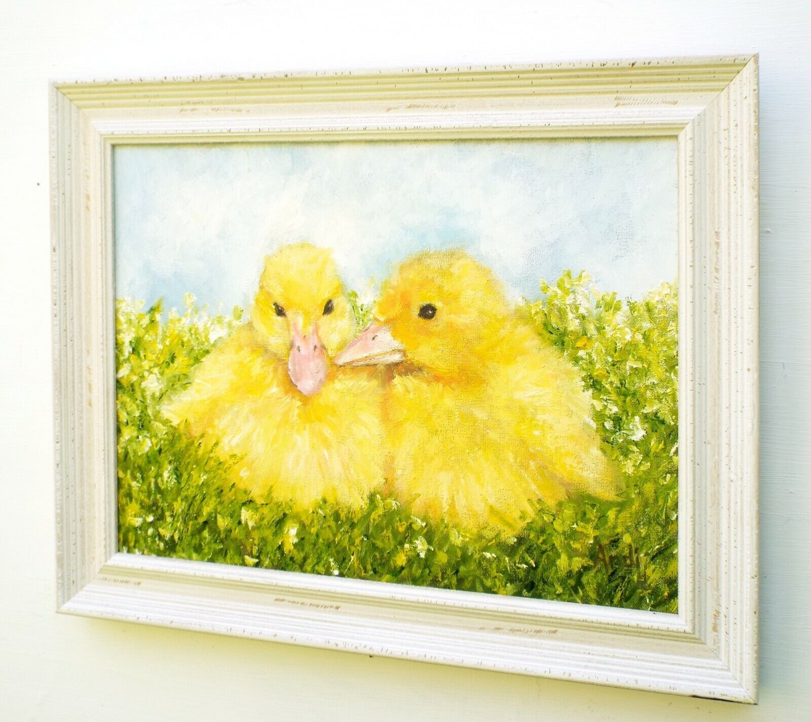 Yellow Ducklings Ducks Farmyard Original Oil Painting Signed Framed Andi J Lucas photo 261.0