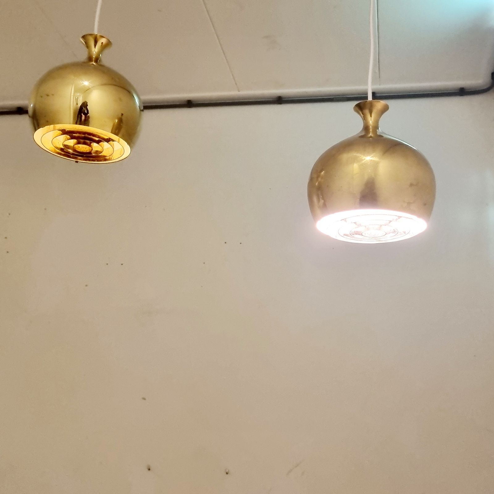 Set Of Two Elegant Brass Pendant Lamps Löken By Helge Zimdal For Falkenbergs Sweden 1960s photo for sale
