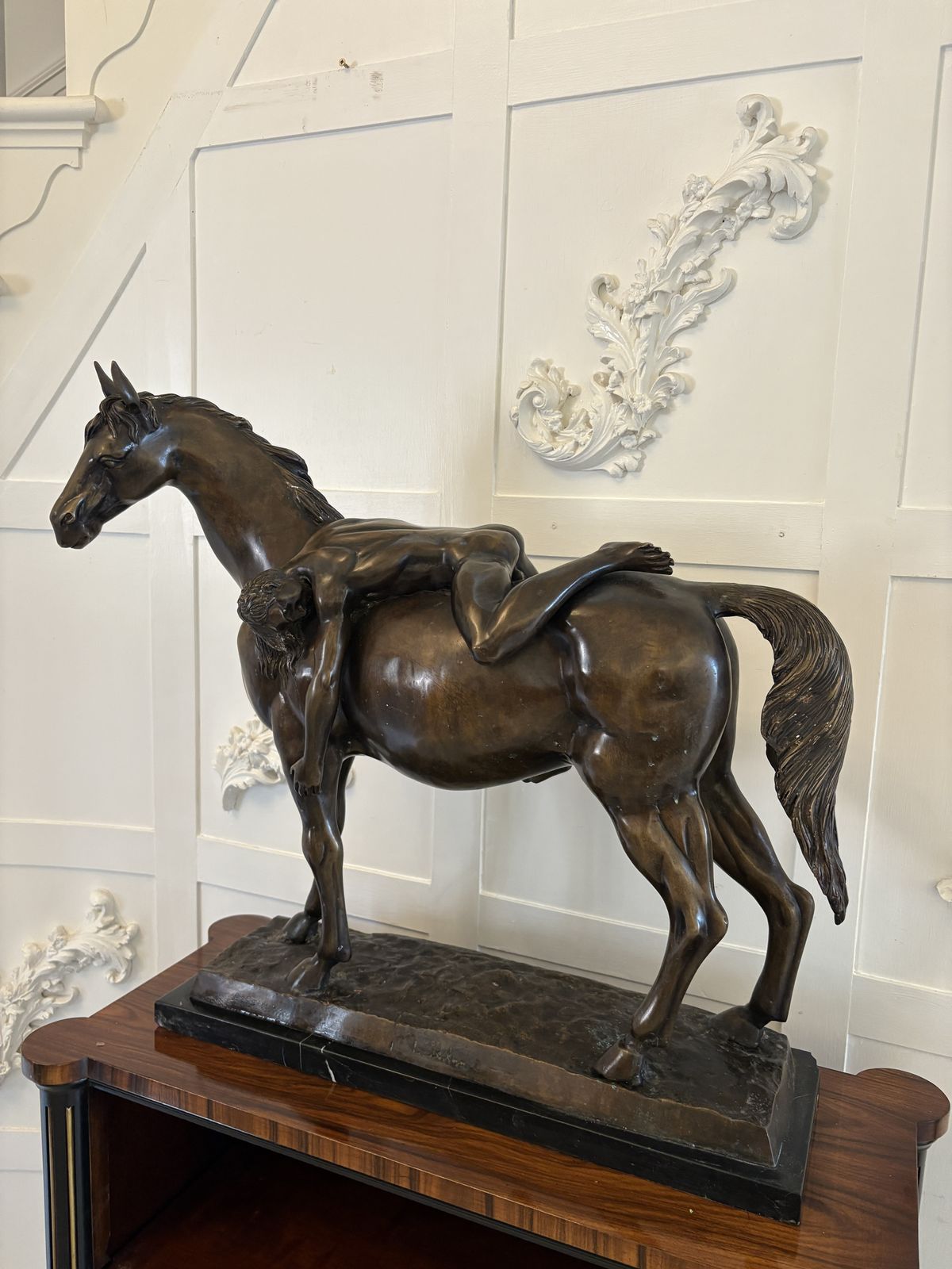 photo vintage Large Antique Bronze Study Of A Nude Male On Horseback