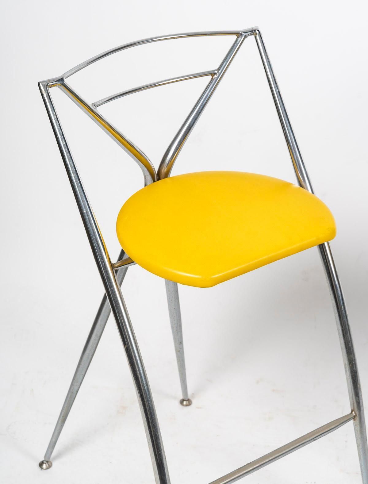 Pair Of 1980s Design Stools In Chromed Metal And Skai. photo furniture