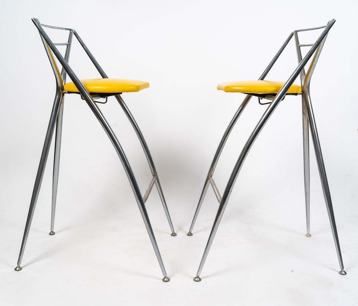 Pair Of 1980s Design Stools In Chromed Metal And Skai. photo Furniture