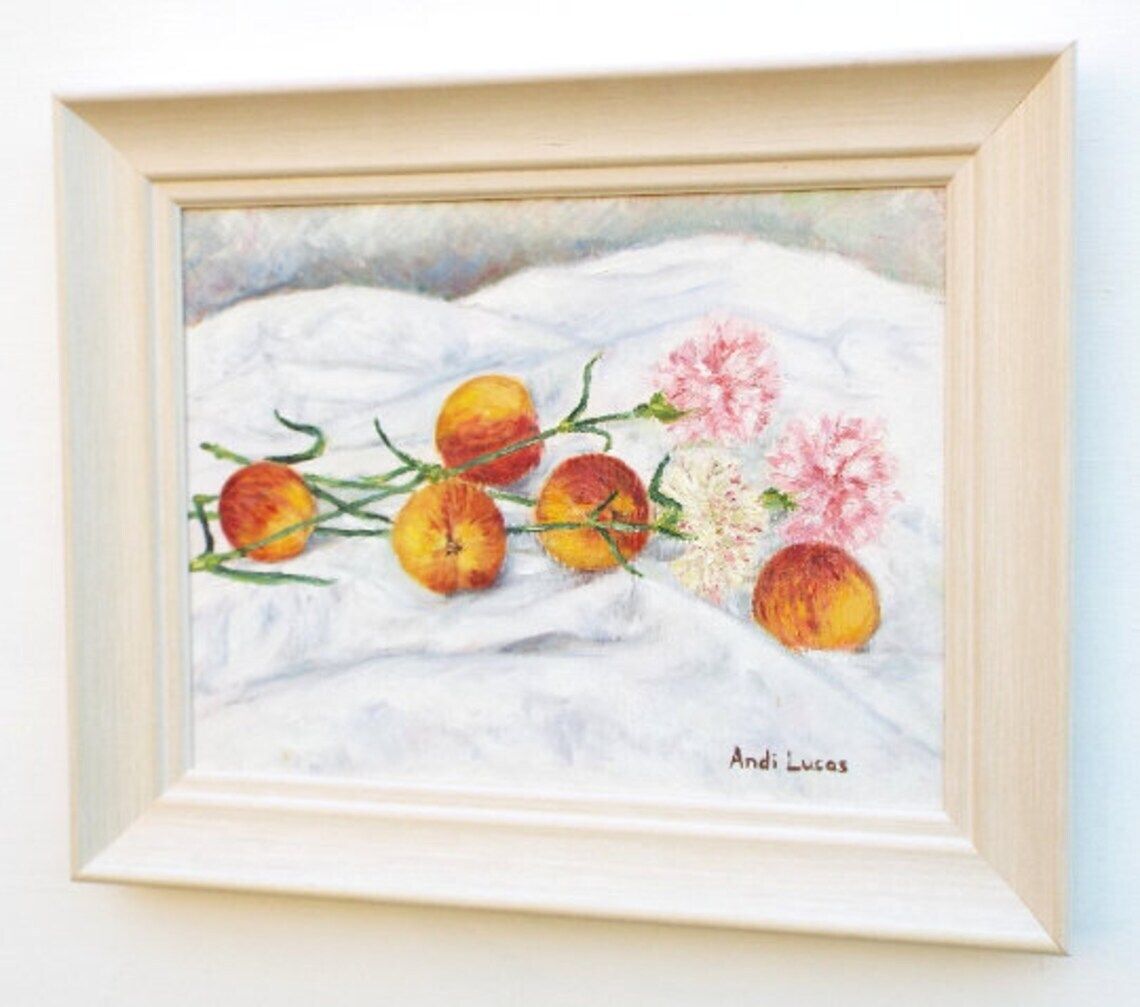 Peaches And Pink Carnations Still Life Framed Oil Painting Signed Original Still Life Oil Painting Fruit Flowers Oil Painting Andi J Lucas photo for sale