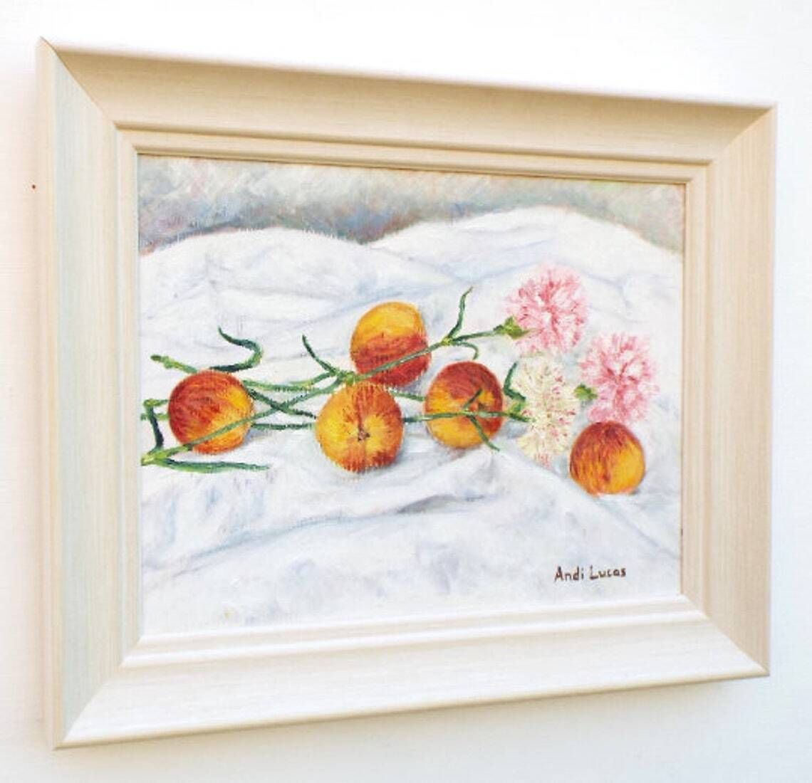 Peaches And Pink Carnations Still Life Framed Oil Painting Signed Original Still Life Oil Painting Fruit Flowers Oil Painting Andi J Lucas photo Art