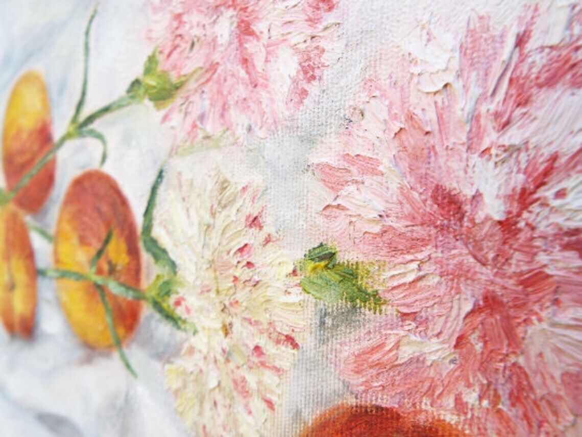 Peaches And Pink Carnations Still Life Framed Oil Painting Signed Original Still Life Oil Painting Fruit Flowers Oil Painting Andi J Lucas photo buy