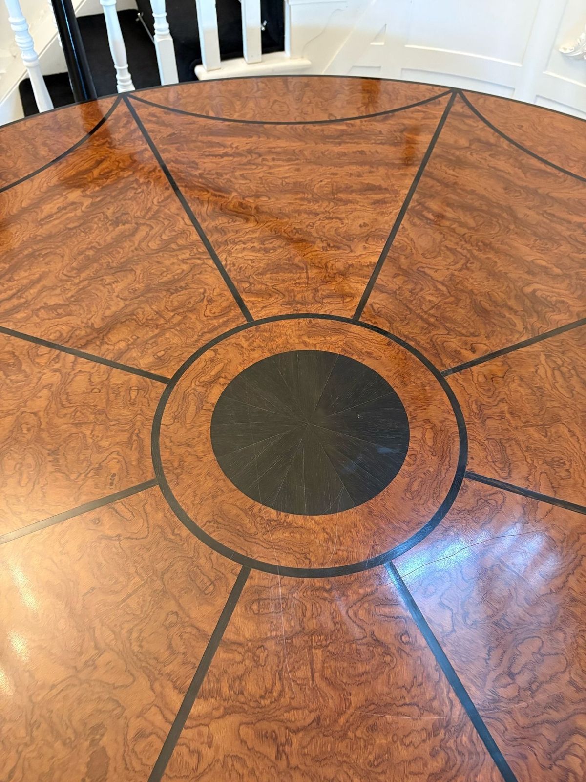 Furniture Magnificent Quality Large Antique Burr Pollard Oak And Ebony Inlaid Round Dining Table photo