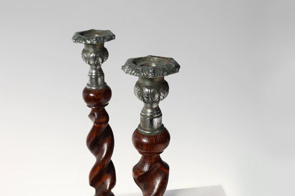 French Barley Twist Candlesticks In Wood With Silver Plated Bobeches, 1850, Set Of 2 photo 994.0