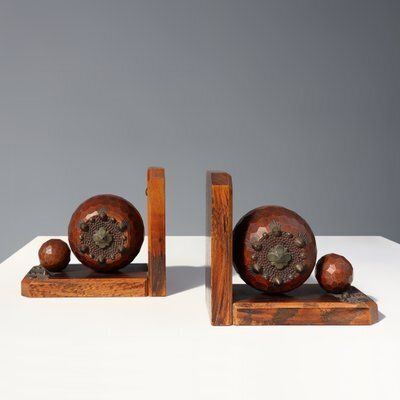 Art Deco Faceted Ball Bookends In Oak With Metal Decorations, 1920, Set Of 2