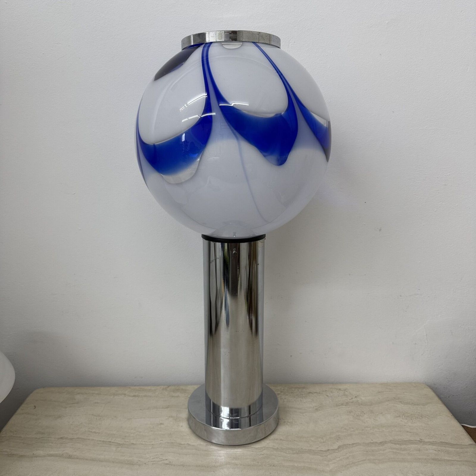Mid – Century Large Glass Table Lamp With Blue Swirl , 1970s Italy