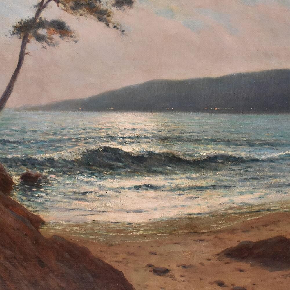 Antique Landscape Painting, Seascape Painting, Harbour With Sunset, Oil On Canvas, 20th Century. (Qm650) photo vinterior
