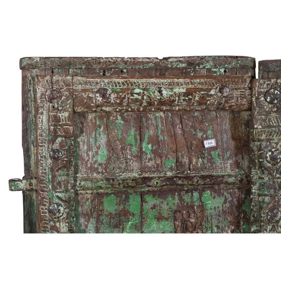 Large Antique Indian Teak Havelli Doors – 19thc Green Patina, Hand Carved, Gujarat Salvage, 160x97cm photo furniture