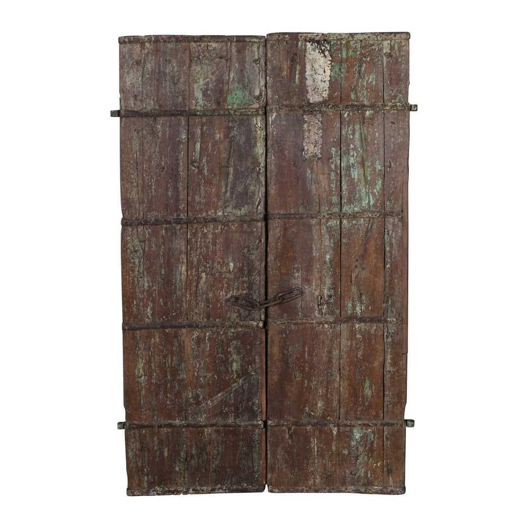 Large Antique Indian Teak Havelli Doors – 19thc Green Patina, Hand Carved, Gujarat Salvage, 160x97cm photo for sale