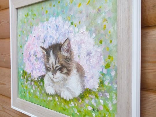 New Original Framed Painting Kitten Cat Floral Hydrangeas  Andi J Lucas photo 250.0