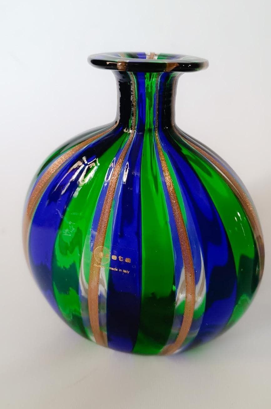 Pair Of Murano Glass Bottles Blown Reticello Blue Green Gold Vintage Zeta Design photo buy