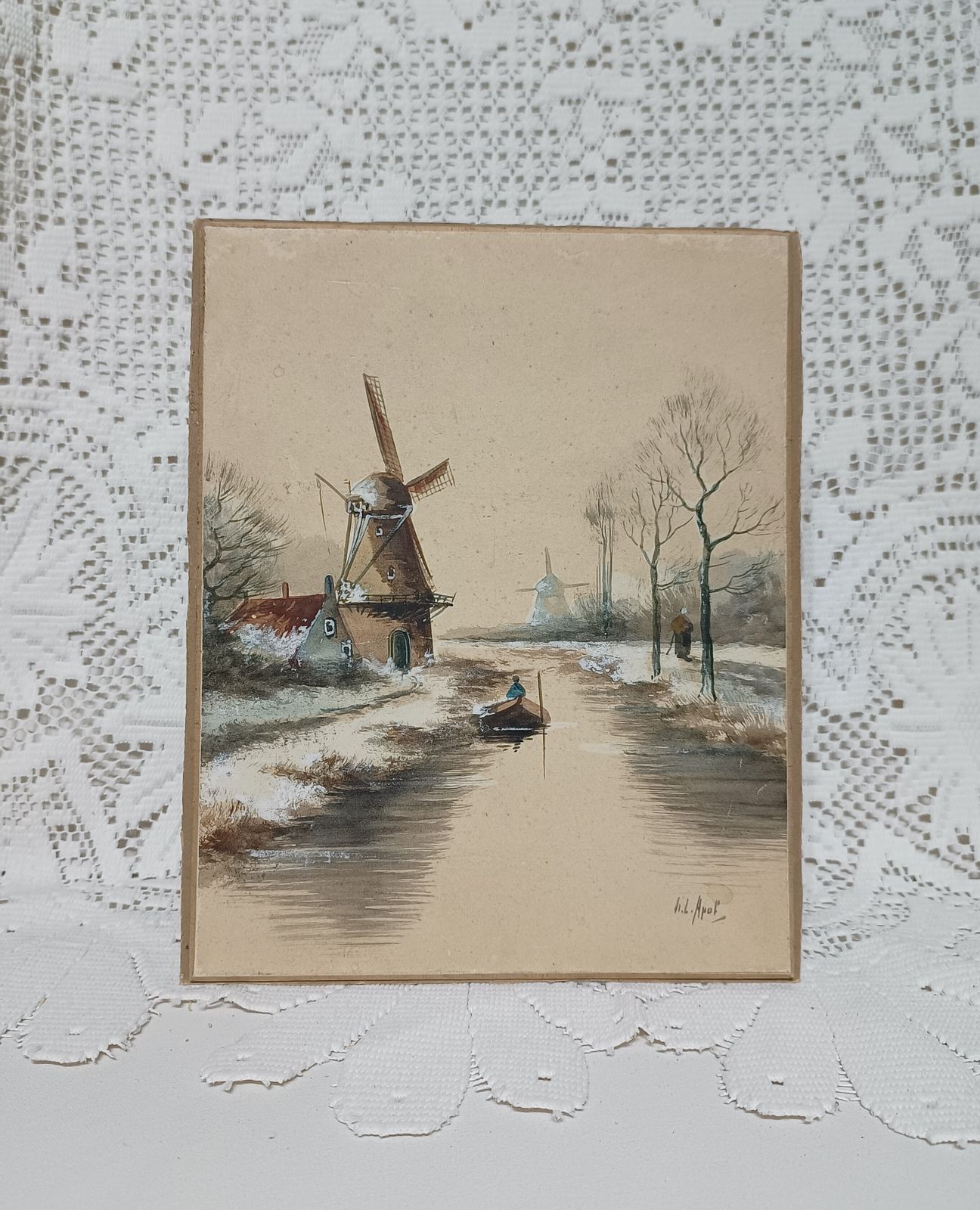 Antique Dutch Watercolour Painting Windmills Dutch Canal In Wintertime Artist Signed Unframed Art.