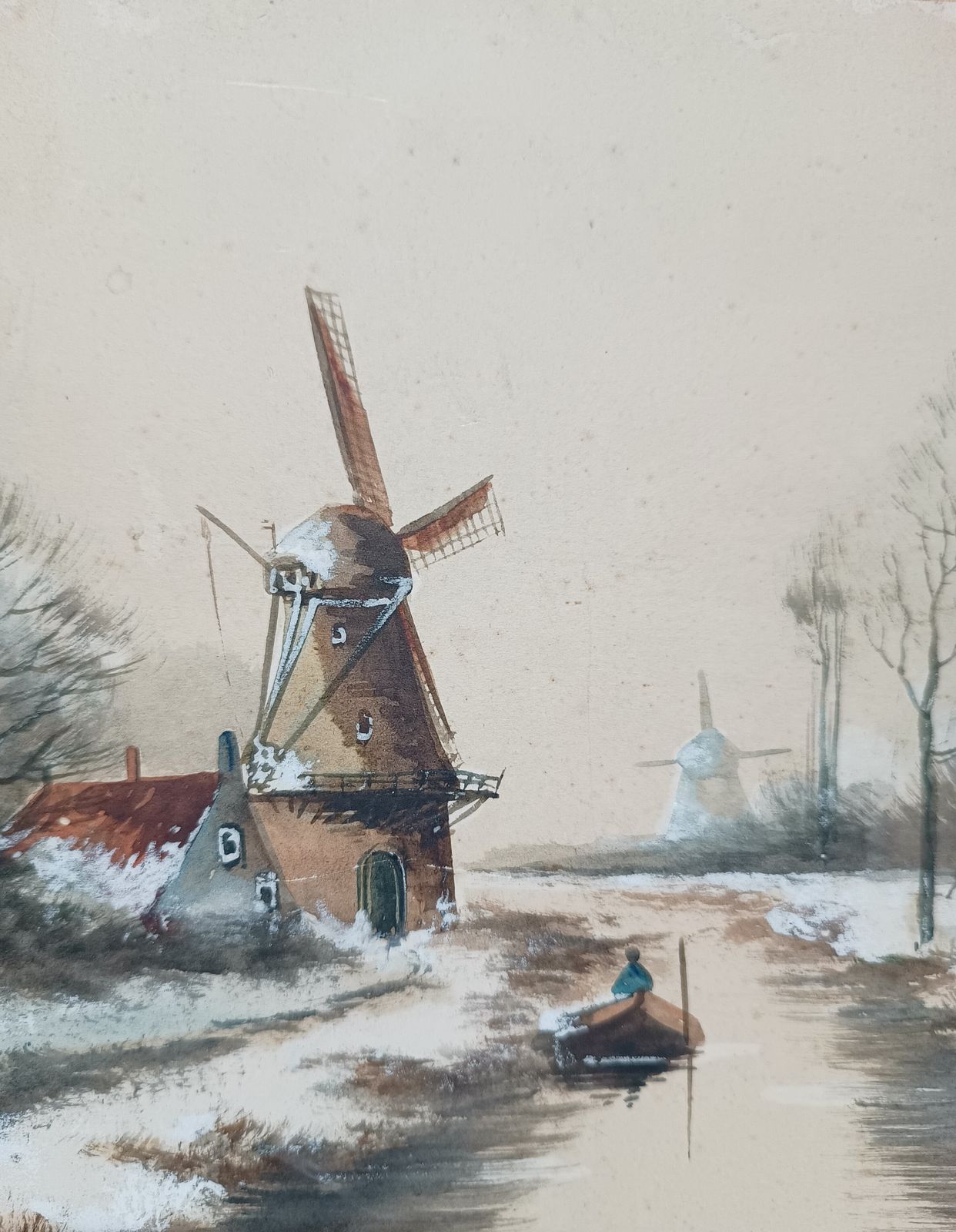 Antique Dutch Watercolour Painting Windmills Dutch Canal In Wintertime Artist Signed Unframed Art. photo for sale