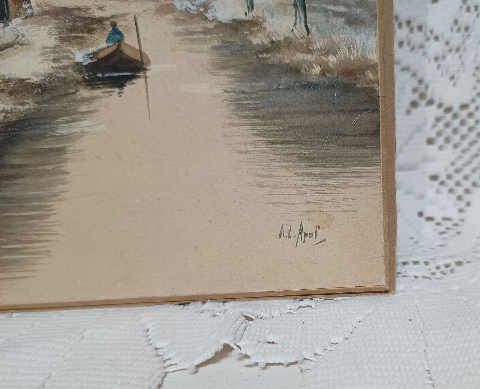 Antique Dutch Watercolour Painting Windmills Dutch Canal In Wintertime Artist Signed Unframed Art. photo Art