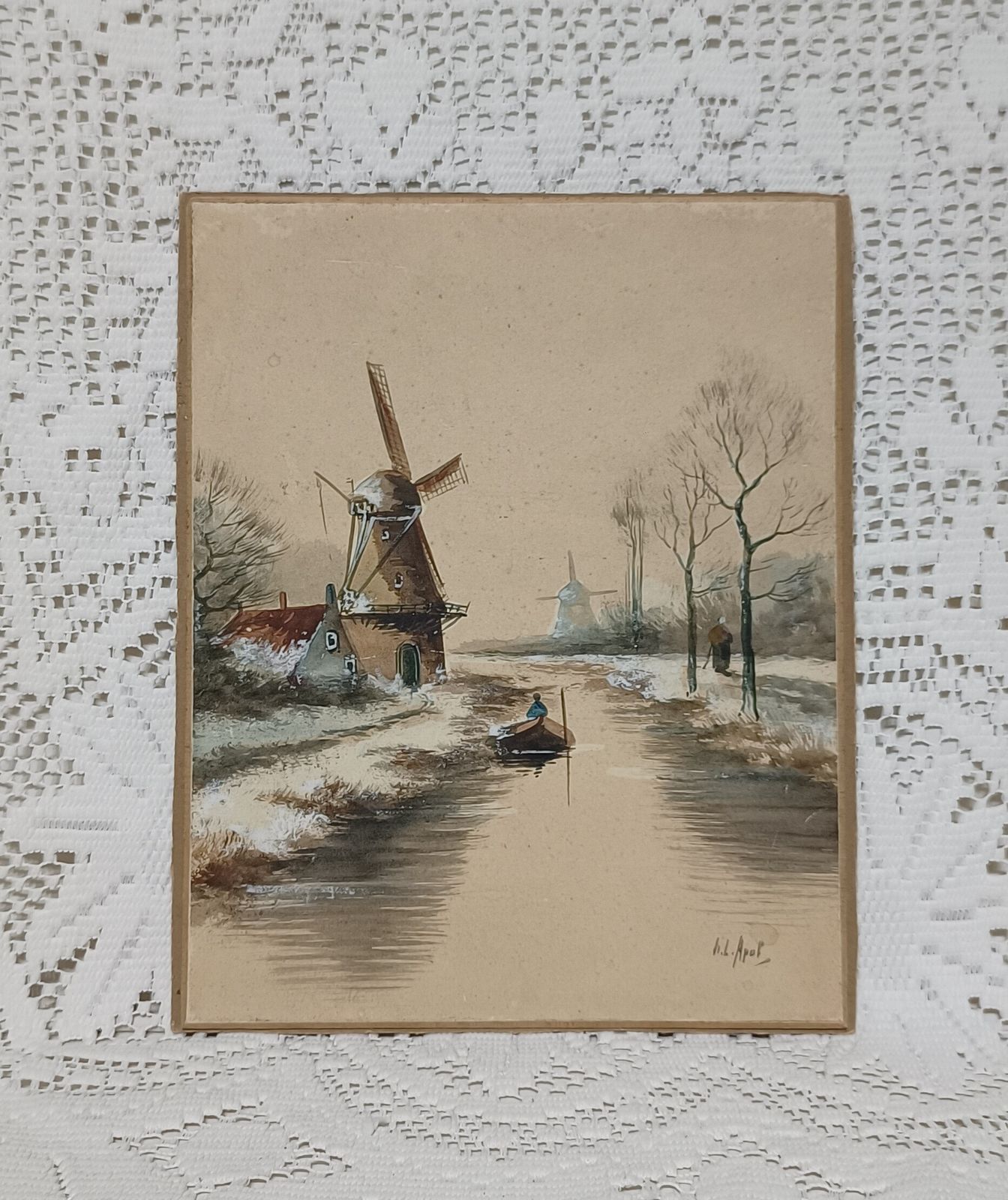 Antique Dutch Watercolour Painting Windmills Dutch Canal In Wintertime Artist Signed Unframed Art. photo buy