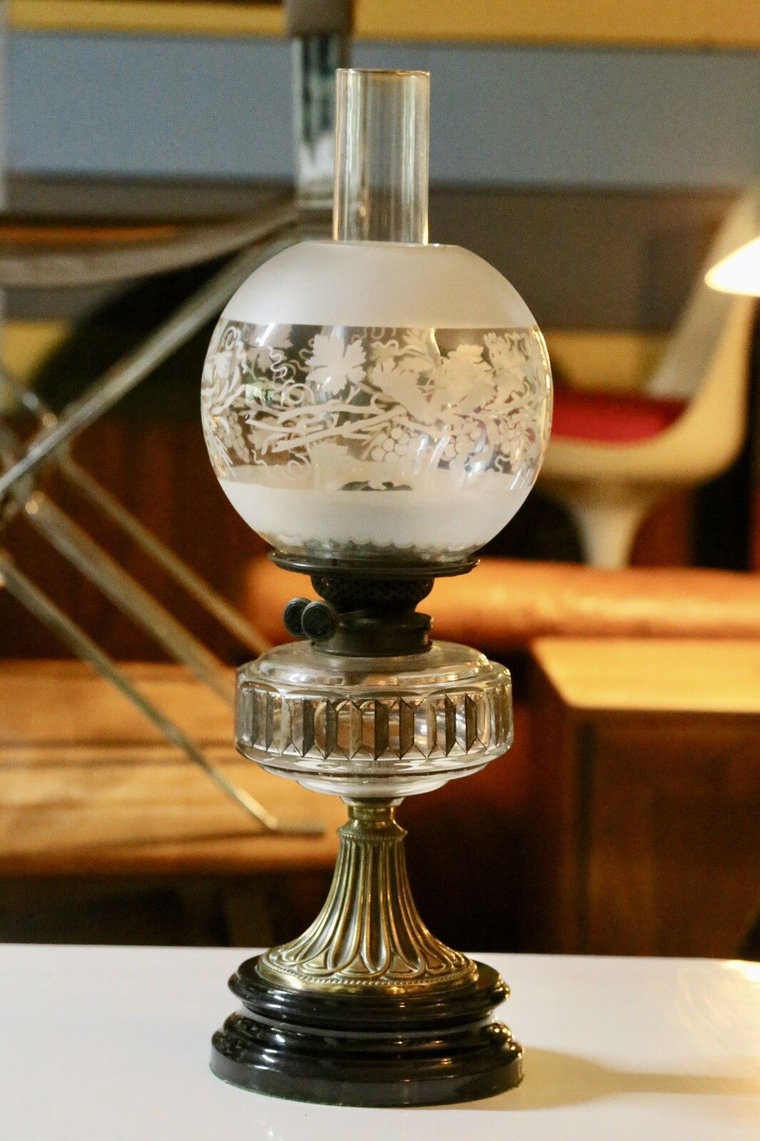 Victorian Art Nouveau Brass Oil Lamp With Crystal Glass Reservoir