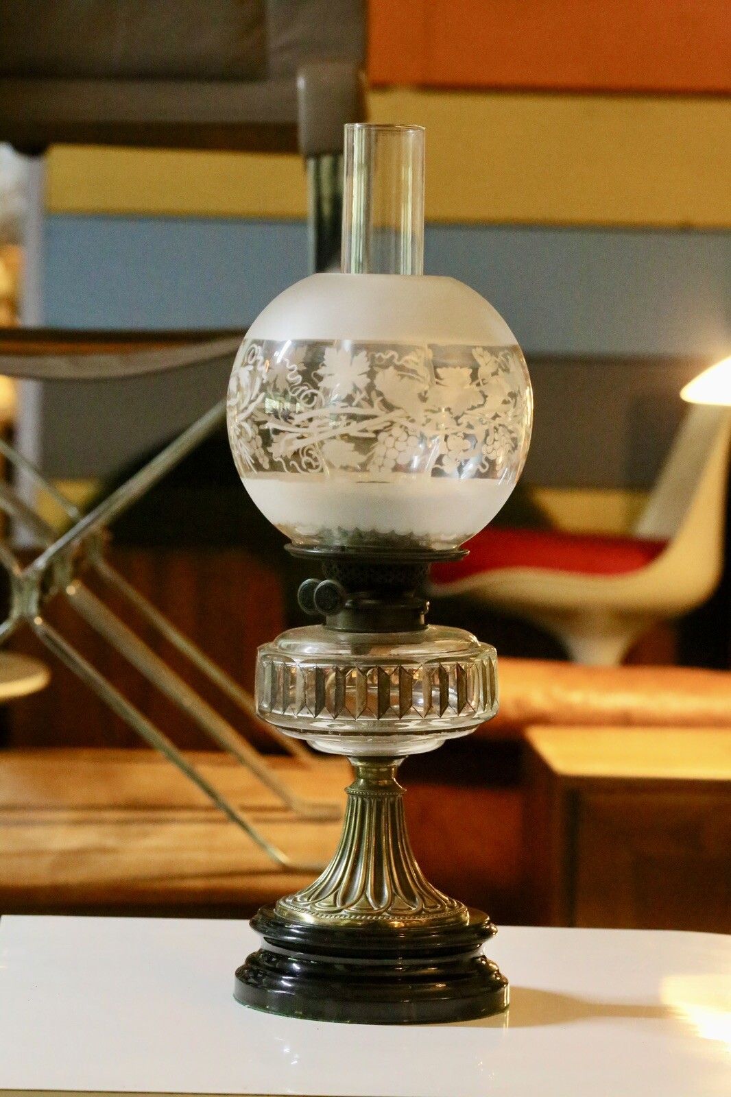 photo furniture Victorian Art Nouveau Brass Oil Lamp With Crystal Glass Reservoir
