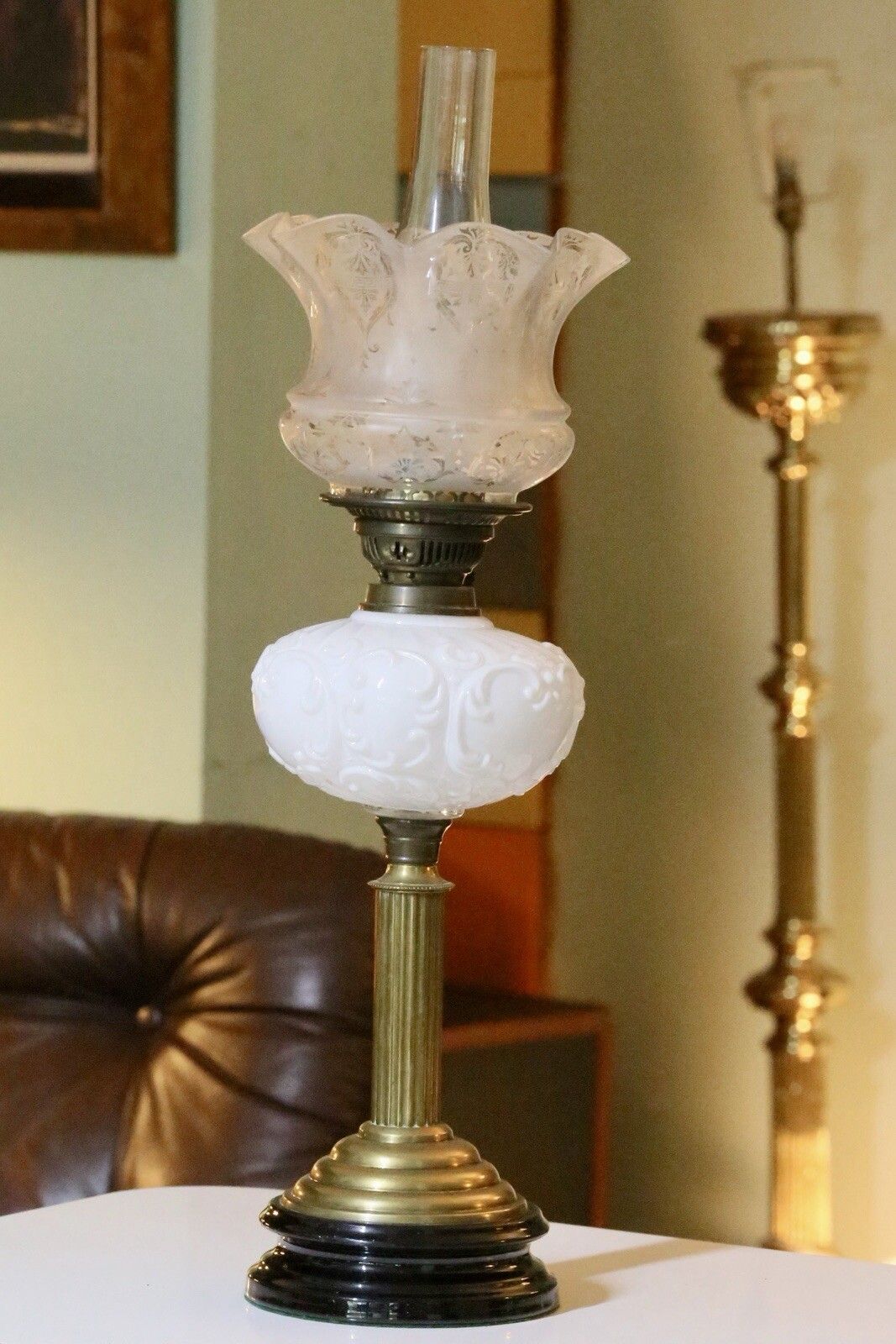 Fine Victorian Art Nouveau Brass Oil Lamp With Milk Glass Reservoir photo furniture