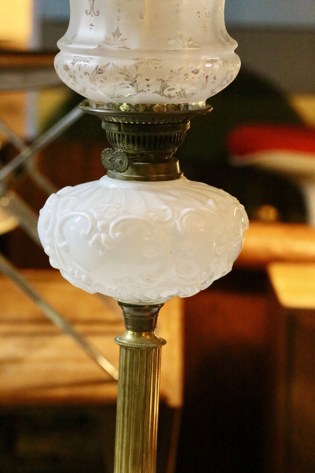 Fine Victorian Art Nouveau Brass Oil Lamp With Milk Glass Reservoir photo buy