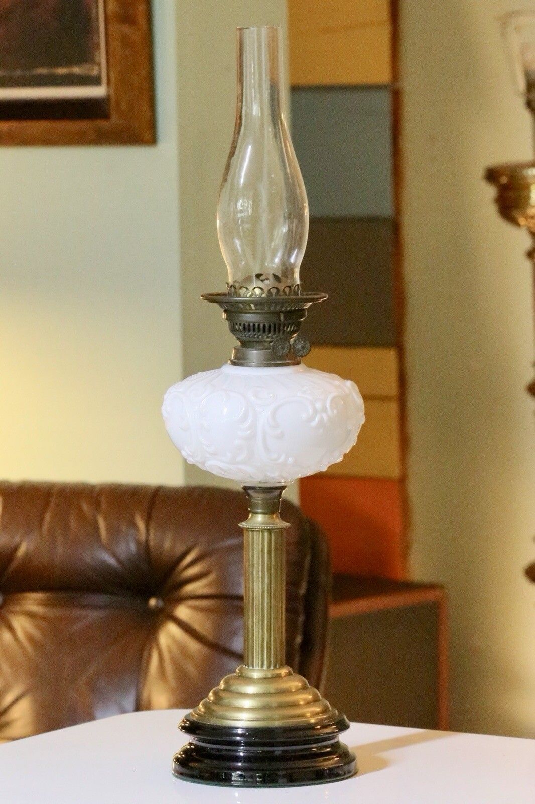 photo furniture Fine Victorian Art Nouveau Brass Oil Lamp With Milk Glass Reservoir