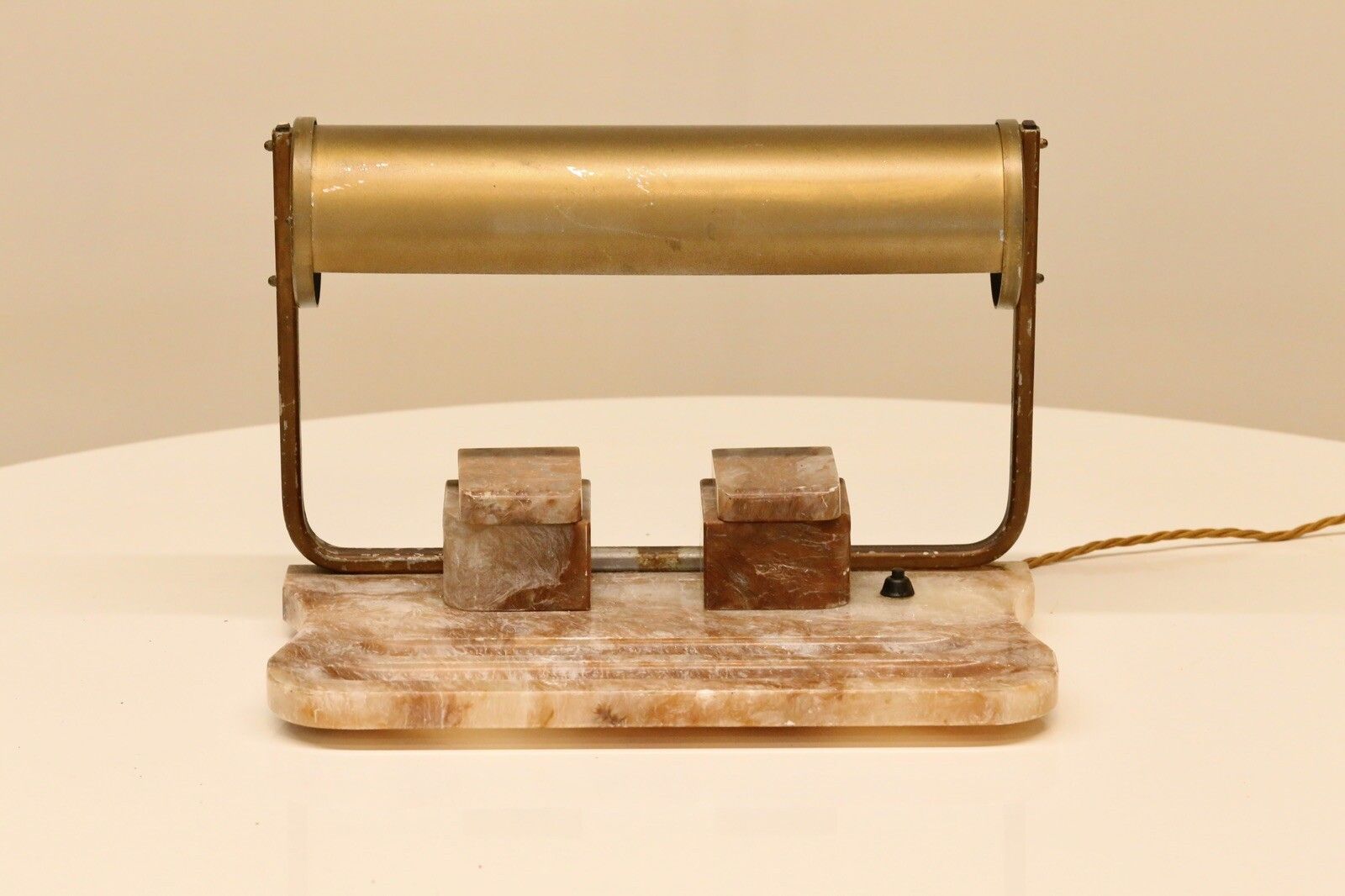 Art Deco Alabaster & Brass Desk Lamp With Ink Stand photo vinterior