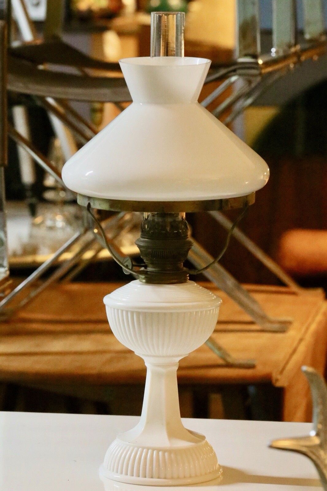 Fine Vintage Brass And Milk Glass Art Deco Oil Lamp photo buy