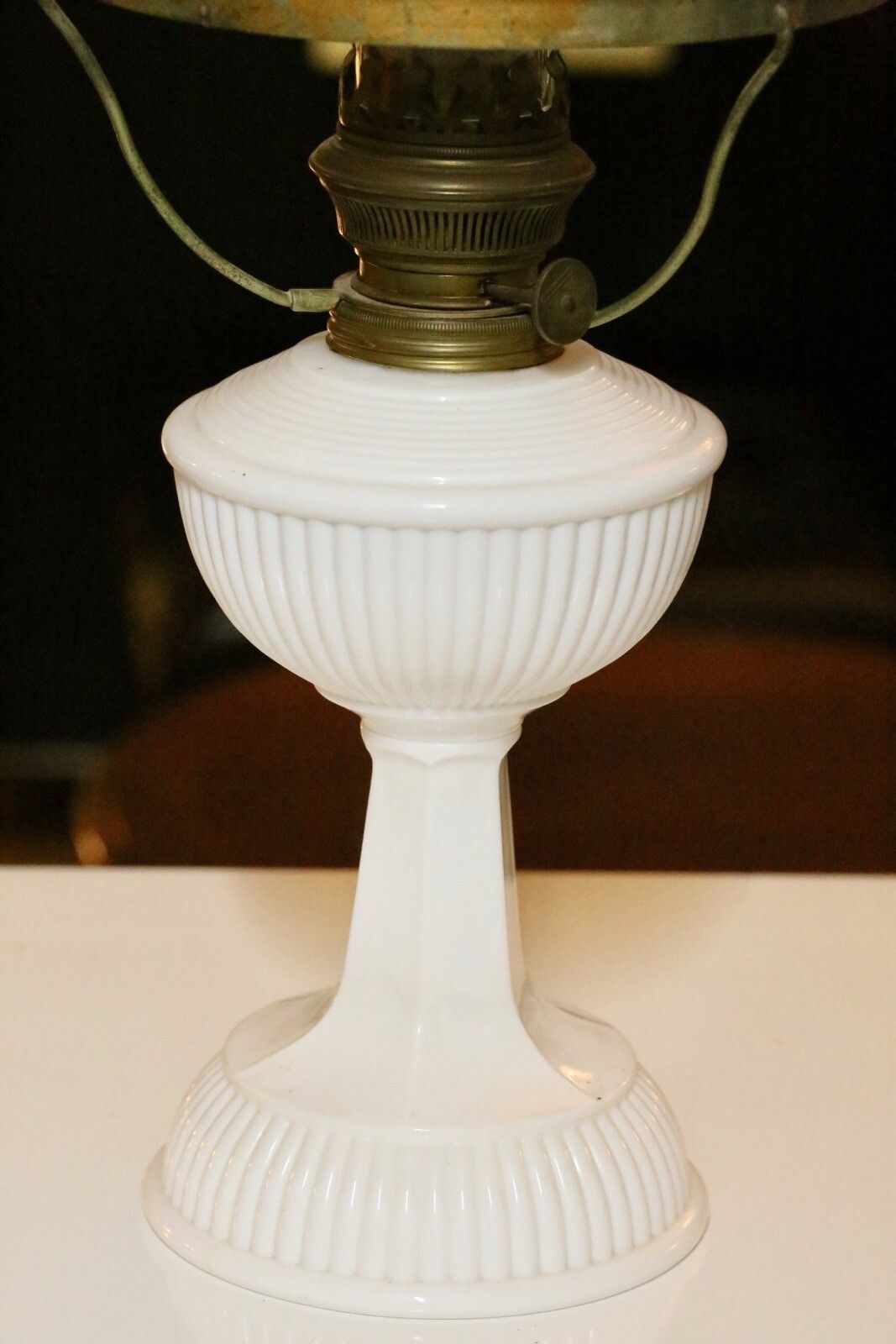 photo furniture Fine Vintage Brass And Milk Glass Art Deco Oil Lamp