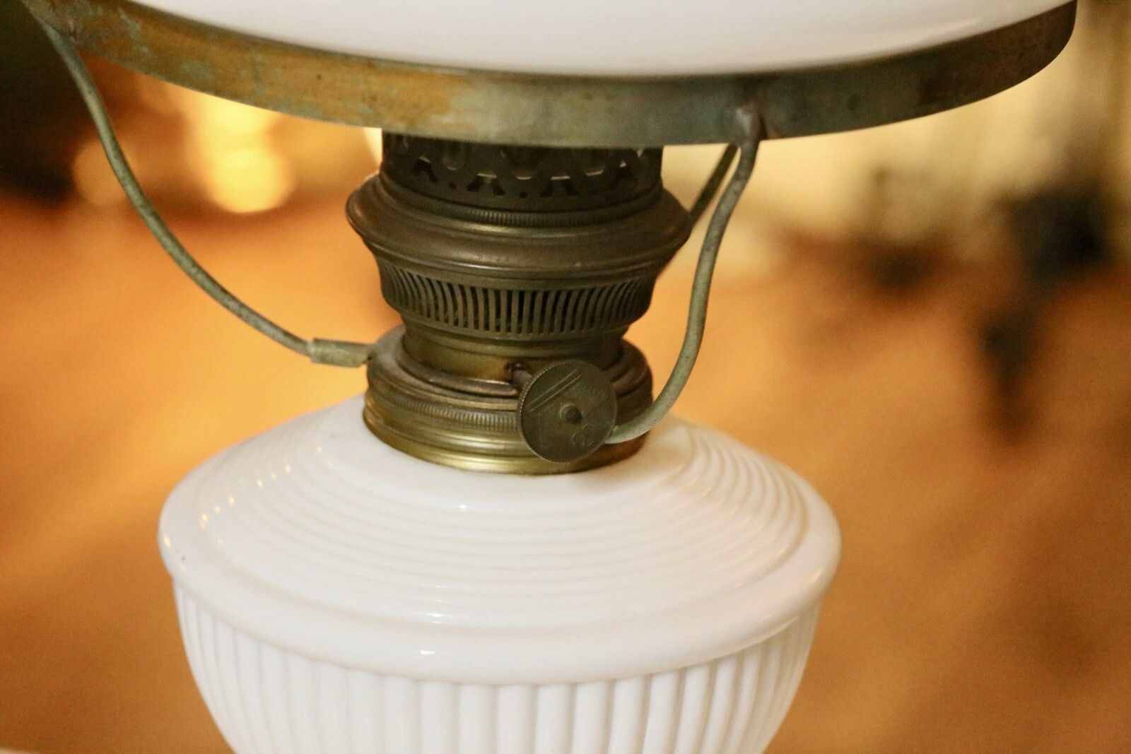 photo for sale Fine Vintage Brass And Milk Glass Art Deco Oil Lamp