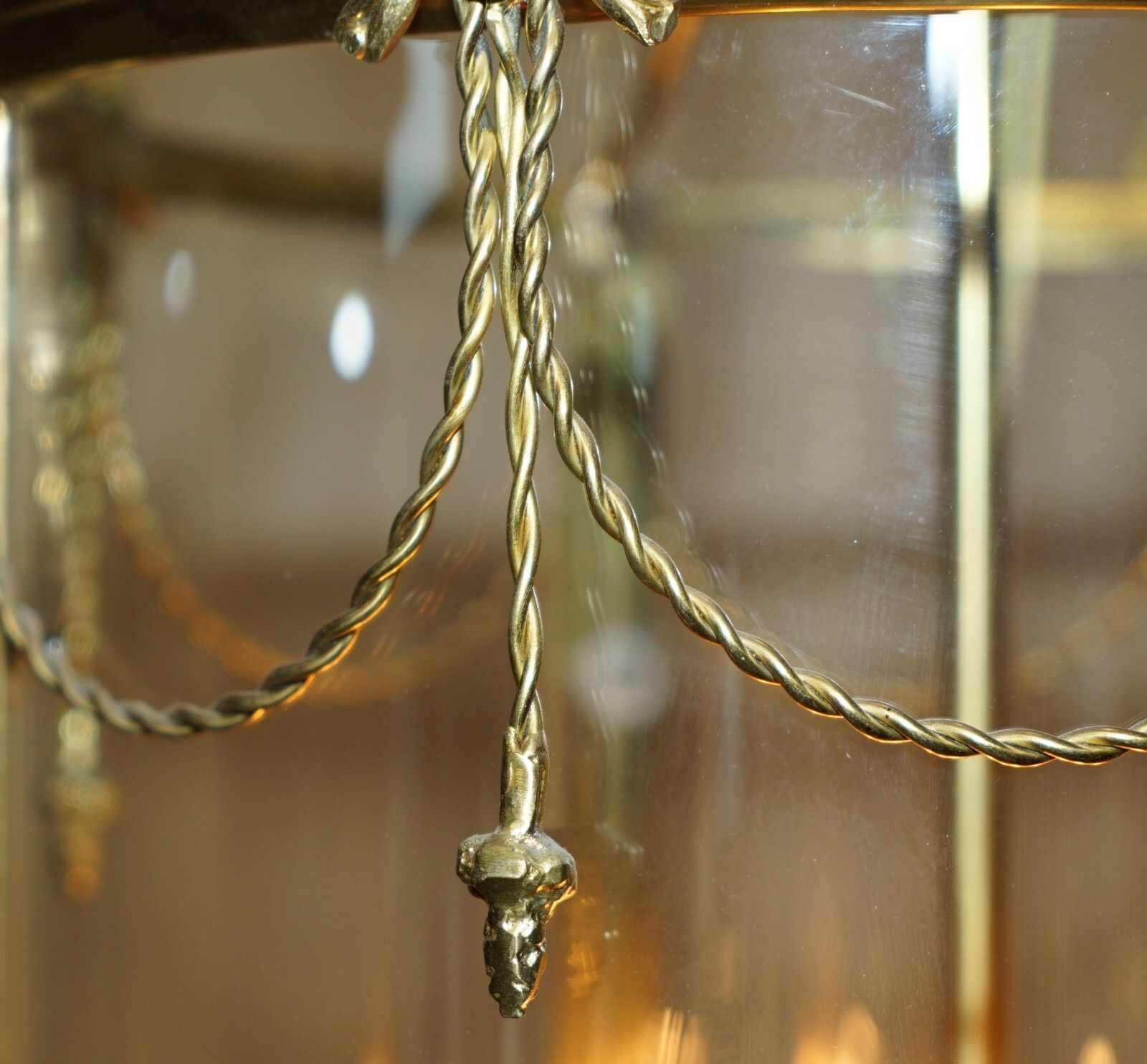photo for sale Exquisite Circa 1940's English Polish Brass & Cylindrical Glass Hanging Lantern