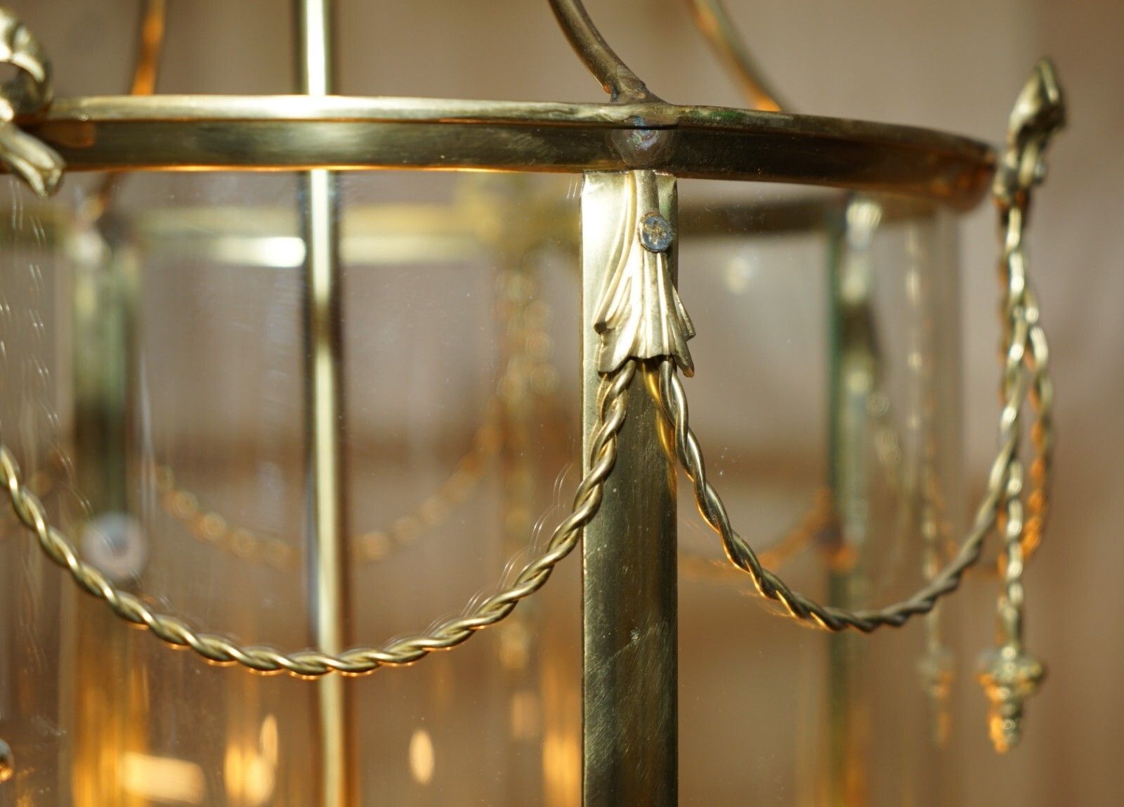 1750.0 Exquisite Circa 1940's English Polish Brass & Cylindrical Glass Hanging Lantern photo