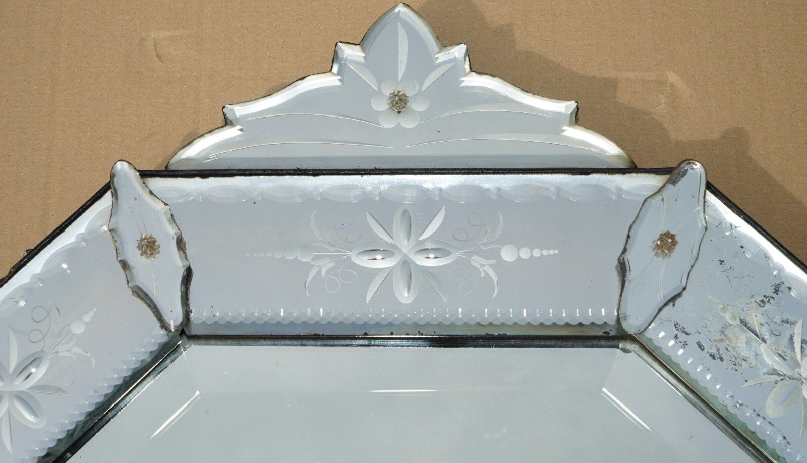 Stunning Antique Circa 1910 Venetian Etched Glass Cushion Shaped Wall Mirror photo for sale