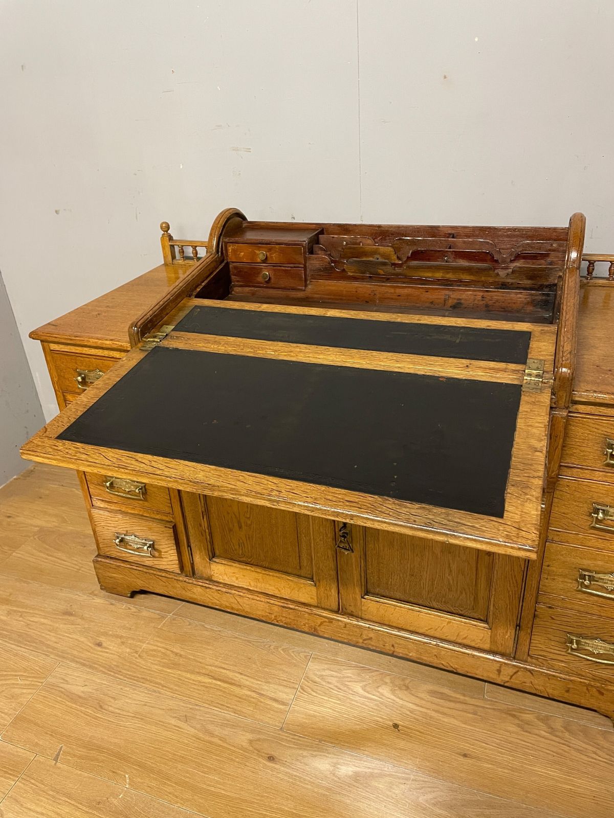 C19th Golden Oak Tambour Desk With Fitted Interior photo Furniture